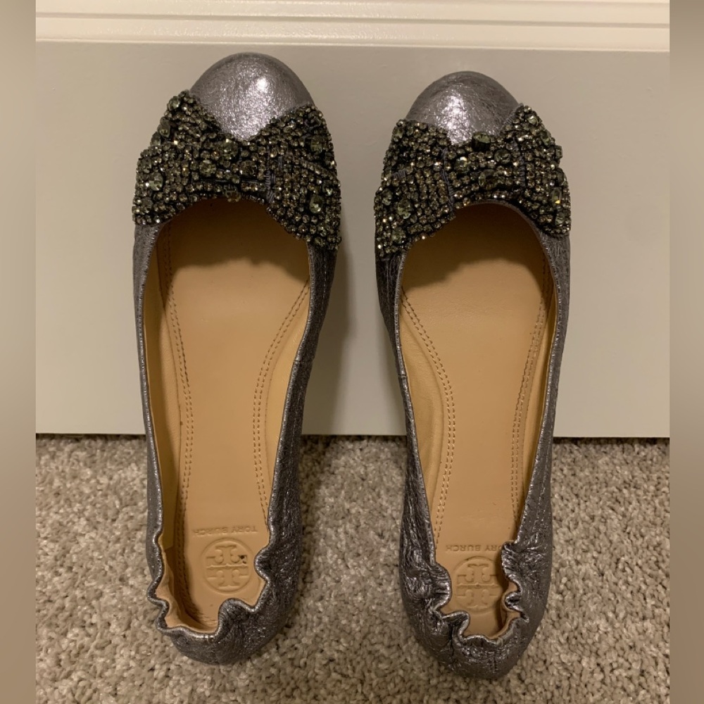 Tory Burch Women’s Metallic Eddie Ballet Flats with Crystal Bow